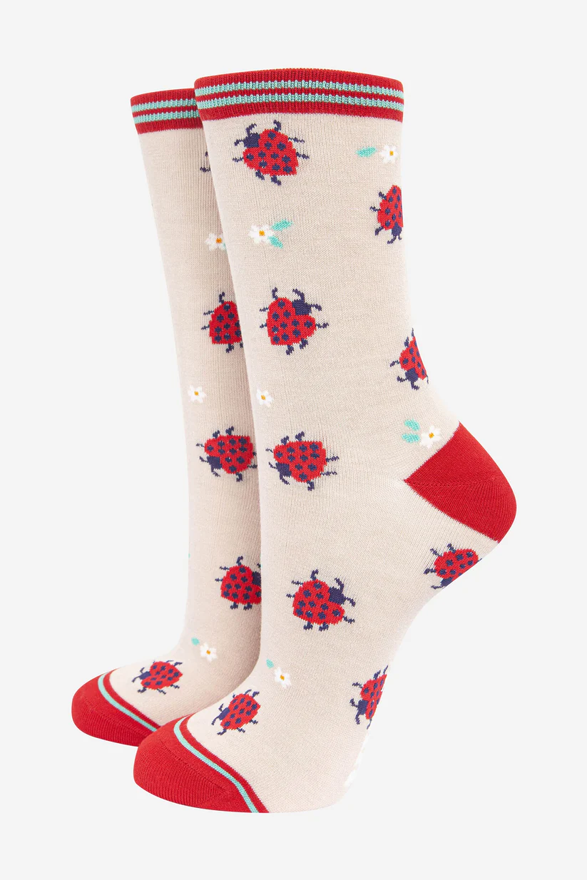 Women's Bamboo Socks - Cream and Red, Ladybird