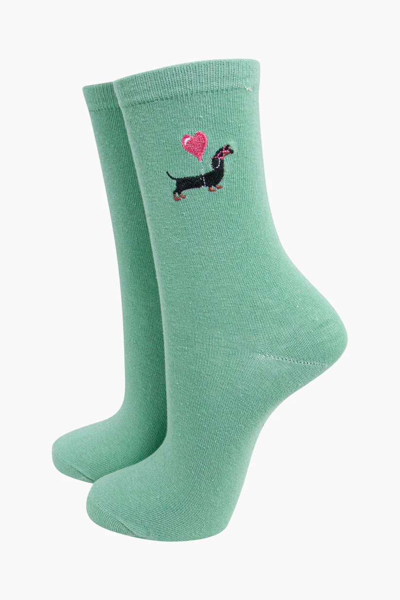  Women's Embroidered Socks - Mint, Sausage Dog Heart Balloon